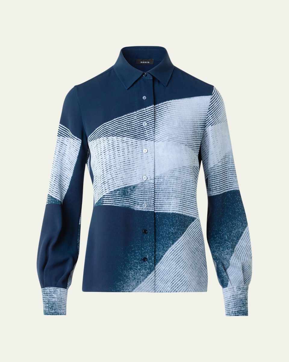 Zigzag Print Silk Crepe Button-Down Blouse